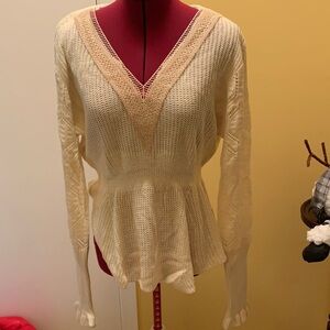 Comfy Sheer Mesh Crochet Guipure Lace Cuff Long Sleeve Peplum Knit Sweater Top